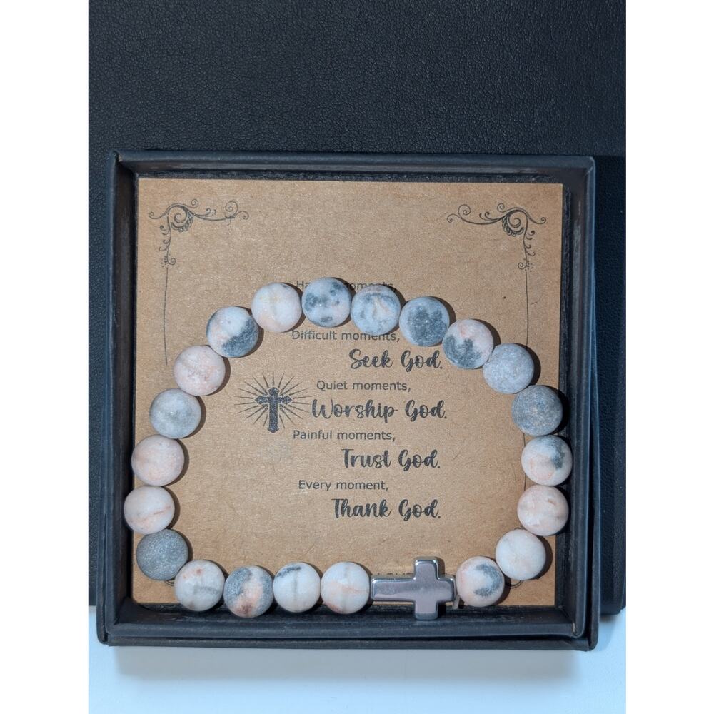 Rhodonite Bead Silver Tone Cross Stretch Bracelet in Box